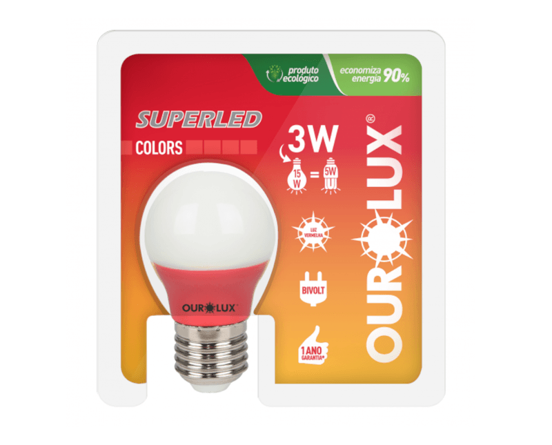 Lampada-LED-G45-E27-Vermelho-Bivolt-3W-SUPERLED-COLORS-Ourolux a imagem apresenta o produto em sua embalagem de frente