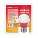 Lampada-LED-G45-E27-Vermelho-Bivolt-3W-SUPERLED-COLORS-Ourolux a imagem apresenta o produto em sua embalagem de trás