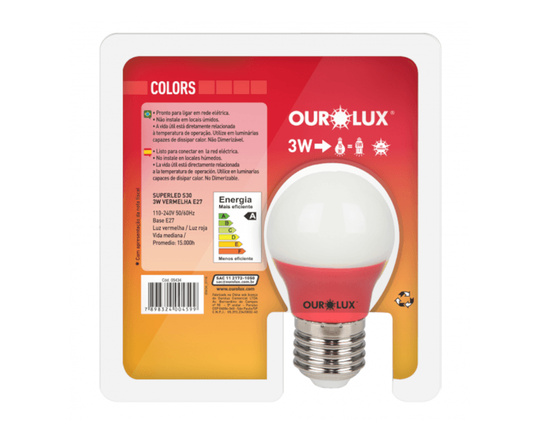 Lampada-LED-G45-E27-Vermelho-Bivolt-3W-SUPERLED-COLORS-Ourolux a imagem apresenta o produto em sua embalagem de trás
