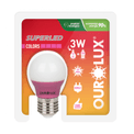 Lampada-LED-G45-E27-Rosa-Bivolt-3W-S30-05430-Ourolux-2 a imagem apresenta o produto em sua embalagem de frente