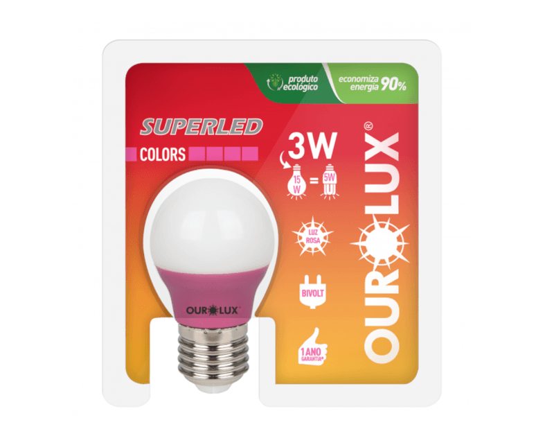 Lampada-LED-G45-E27-Rosa-Bivolt-3W-S30-05430-Ourolux-2 a imagem apresenta o produto em sua embalagem de frente