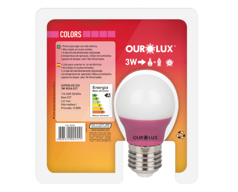 Lampada-LED-G45-E27-Rosa-Bivolt-3W-S30-05430-Ourolux-2 a imagem apresenta o produto em sua embalagem de trás