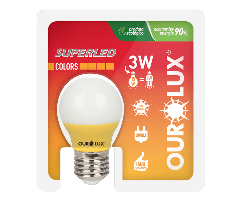Lampada-LED-G45-E27-Amarelo-Bivolt-3W-05433-Ourolux-2 a imagem apresenta o produto em sua embalagem de frente