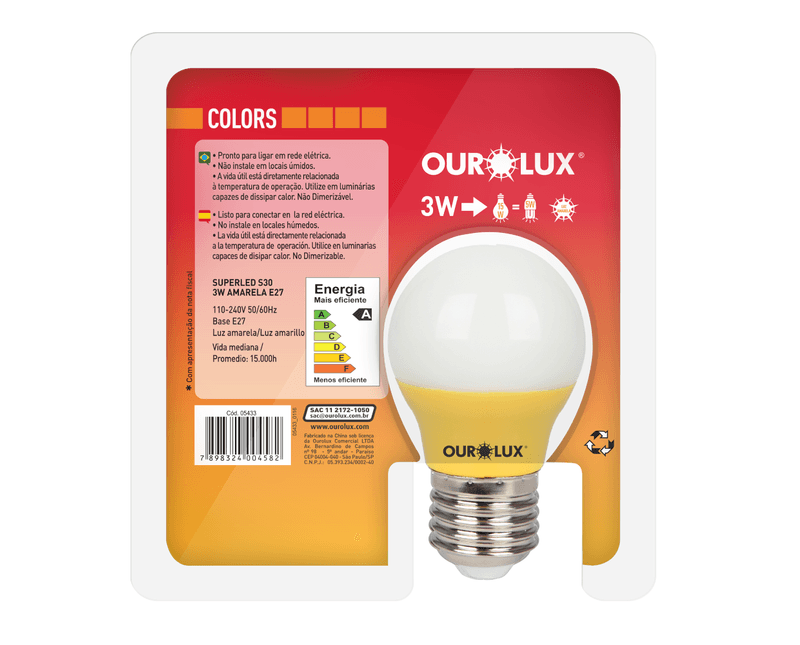 Lampada-LED-G45-E27-Amarelo-Bivolt-3W-05433-Ourolux-2 a imagem apresenta o produto em sua embalagem de trás