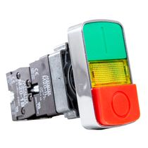 Botão Iluminado Duplo Metálico Verde/Vermelho 22mm 220VCA/VCC Led 1NA+1NF IP40 M20 M20IDLY1C Metaltex